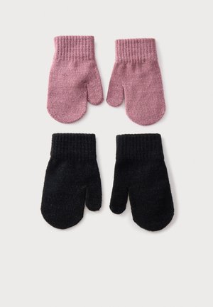 Zwei Paare gestrickte Fäustlinge, eines pink und eines schwarz, jeweils mit gerippten Bündchen, flach auf hellem Hintergrund ausgelegt.