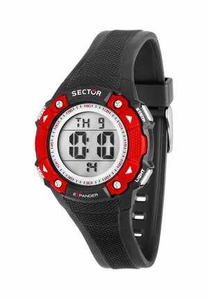 Orologio sportivo digitale con cinturino nero texturizzato, lunetta rossa e nera, che mostra ora, giorno e data su uno schermo rotondo.