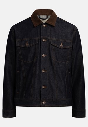 Mørk denimjakke med krage i brunt kordfløyel, knappestolpe foran, to brystlommer med klaff og knapper, samt sidelommer.