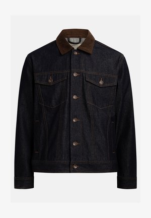 Tume teksajope pruunide sametkraega, ees nööbitav, kahe rinnatasku ja nööpidega ning küljetaskutega.