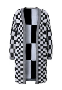 Cardigan en tricot à carreaux noir et blanc avec un devant ouvert, des manches longues et des motifs de carrés alternés, mettant en valeur un tissu texturé.