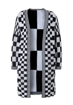 Zwart-witte geruite gebreide cardigan met een open voorkant, lange mouwen en afwisselende vierkante patronen, die een gestructureerde stof toont.