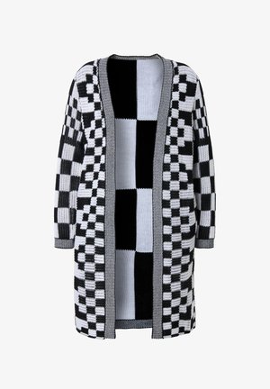 Cardigan a maglia checker in bianco e nero con apertura frontale, maniche lunghe e motivi a quadrati alternati, che mette in risalto un tessuto testurizzato.