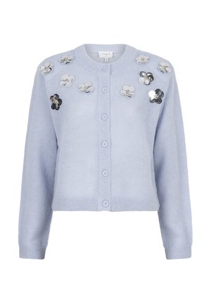 Lichtblauwe cardigan van zachte gebreide stof, met een ronde halslijn, knopen aan de voorkant en decoratieve bloemenapplicaties met pailletten.