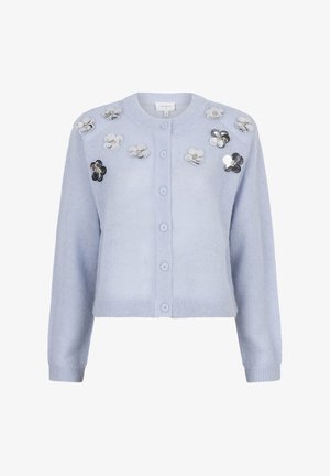 Lichtblauwe cardigan van zachte gebreide stof, met een ronde halslijn, knopen aan de voorkant en decoratieve bloemenapplicaties met pailletten.