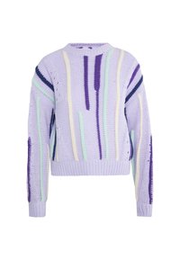 Lila gestrickter Pullover mit vertikalen Streifen in Hellgrün, Creme und Marineblau. Verfügt über einen Rundhalsausschnitt, gerippte Bündchen und Saum. Texturierter Stoff.