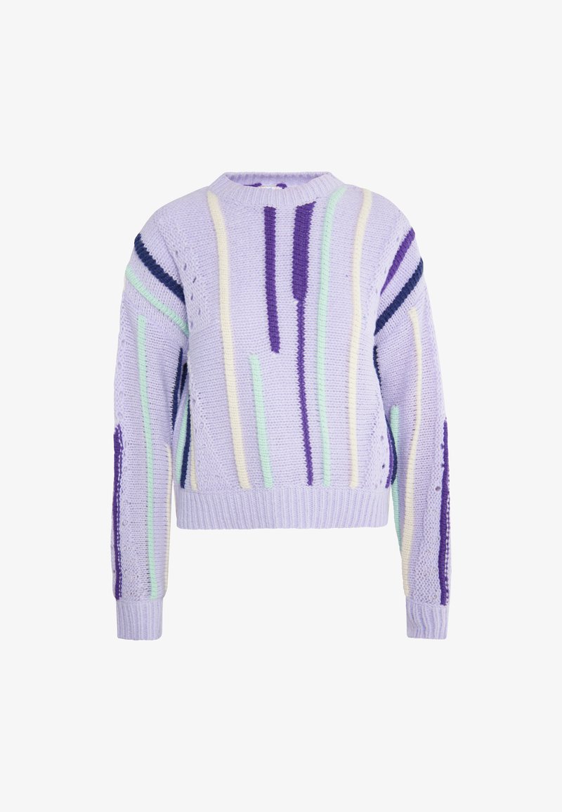 Maglione lavorato a maglia viola con strisce verticali in verde chiaro, crema e blu navy. Presenta un collo rotondo, polsini e orlo a coste. Tessuto testurizzato.