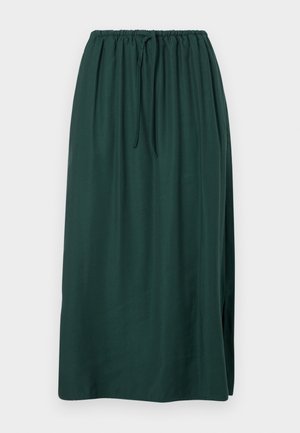 Long, dark green skirt made of smooth fabric, featuring an elastic waistband and drawstring, with a side slit for added movement.
