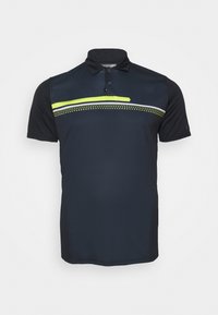 Marinblå pikétröja med korta ärmar, med krage och ett horisontellt mönster av fluorescerande gult och vitt med prickiga detaljer.