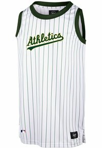 Camiseta sin mangas de béisbol blanca con rayas verdes, logo de "Athletics" en verde y dorado, cuello y sisas verdes, aberturas en los laterales para mayor comodidad.