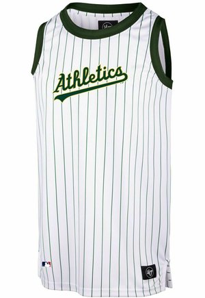 Camiseta sin mangas de béisbol blanca con rayas verdes, logo de "Athletics" en verde y dorado, cuello y sisas verdes, aberturas en los laterales para mayor comodidad.