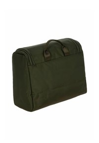 Groene nylon tas met een rechthoekige vorm, dubbele bovenhandvatten en een ritsafsluiting. Gladde textuur met subtiele stikseldetails aan de zijkanten.