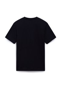 Black short-sleeve T-shirt with a crew neck design. Made from smooth fabric, featuring no patterns or accents. Simple, classic shape.