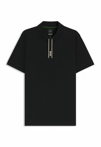Black polo shirt made of soft fabric, featuring a collar, short sleeves, and a zippered placket with a gold accent and logo detail.