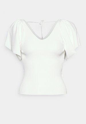 Hvid tætsiddende top med rib og korte puffede ærmer samt V-udskæring bundet med tynde stropper bagpå.