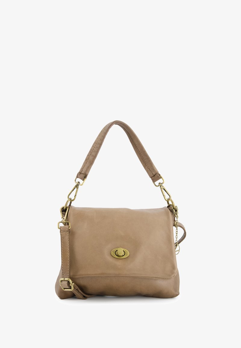 Tan leather shoulder bag with a smooth texture, adjustable strap, and a brass hardware clasp on the front. Simple, rectangular design.