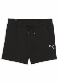 Pantalones cortos de algodón negros con cintura elástica, cordón ajustable y bolsillos laterales; presenta un logo blanco de Puma en la parte delantera inferior.