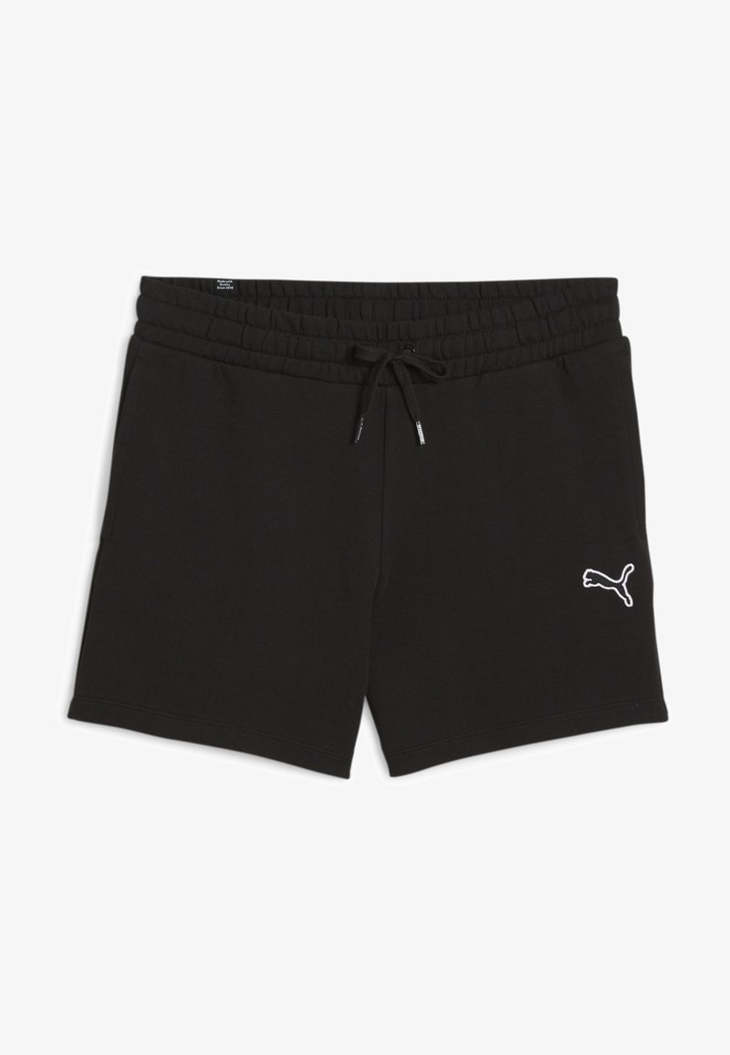 Pantalones cortos de algodón negros con cintura elástica, cordón ajustable y bolsillos laterales; presenta un logo blanco de Puma en la parte delantera inferior.