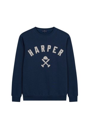 Sudadera azul marino con "HARPER" en letras grandes blancas y un diseño de bate cruzado, hecha de una tela suave y texturizada, con puños y dobladillo de canalé.