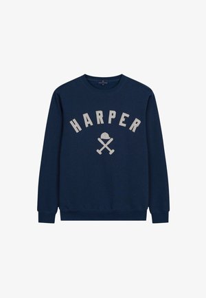 Sweat-shirt bleu marine avec "HARPER" en grandes lettres blanches et un design de bats croisées, fabriqué à partir d'un tissu doux et texturé, avec des poignets et un ourlet côtelés.