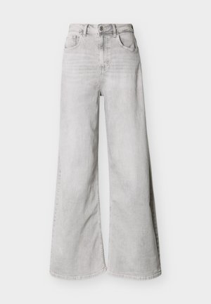 Hellgraue Jeans mit weitem Bein aus Denim, mit hoher Taille, vorderen Taschen und Knopfverschluss. Glatte Textur mit einem dezenten ausgewaschenen Look.