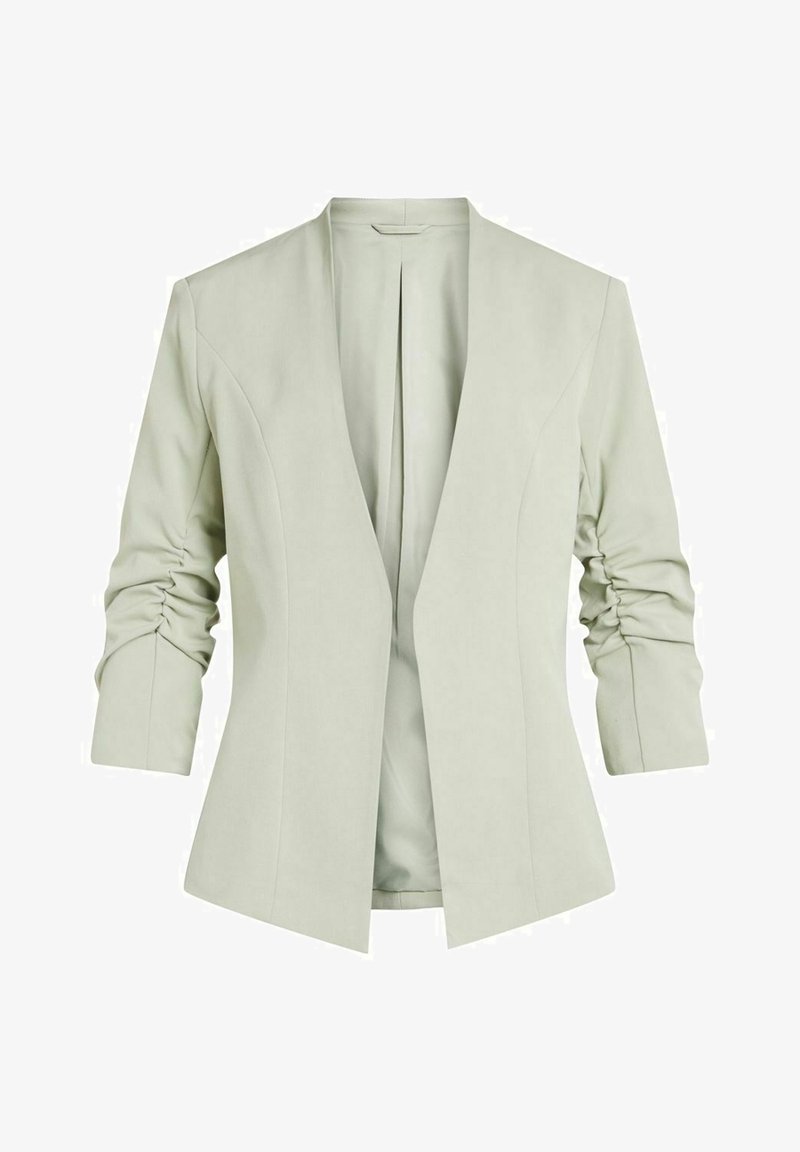 Blazer ouvert gris clair avec manches trois-quarts froncées et coutures structurées, conçu pour une coupe ajustée.