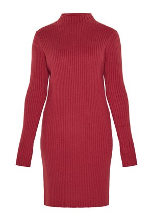 Rippiertes, langärmliges Kleid in Dunkelrot mit hohem Kragen. Strickstruktur; enganliegende Silhouette mit knielangem Saum.