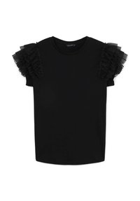 T-shirt nera con volant in tulle testurizzato sulle spalle, scollo rotondo e maniche corte. Tessuto morbido con una vestibilità aderente.