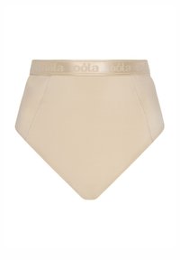 Hoog uitgesneden onderbroek van beige stof met een gladde textuur. Heeft een zachte, glanzende tailleband met de ingedrukte merknaam.