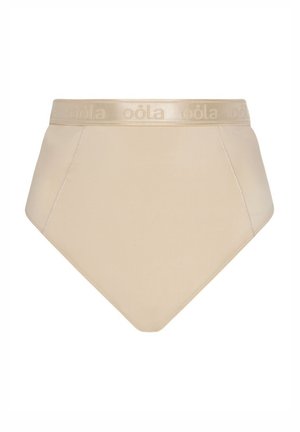 Korkeavyötäröiset pikkuhousut beigeessä kankaassa, jossa on sileä pinta. Varustettu pehmeällä, kiiltävällä vyötärönauhalla, johon on painettu tuotemerkin nimi.