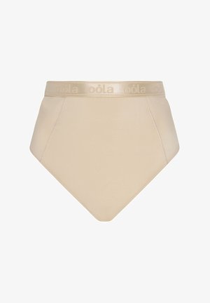 Korkeavyötäröiset pikkuhousut beigeessä kankaassa, jossa on sileä pinta. Varustettu pehmeällä, kiiltävällä vyötärönauhalla, johon on painettu tuotemerkin nimi.