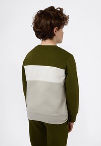 Niño con cabello rizado castaño dando la espalda, vestido con un sudadera bloqueada en colores verde olivo, blanco y beige, y pantalones a juego.