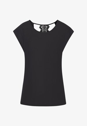 Juodas trumpas rankovėmis marškinėlis, laisvo kirpimo, su delikatine nėriniuota detale gale, kaklo srityje. Lygus medžiagos tekstūra.