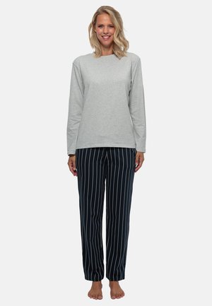 Ljusgrå långärmad topp kombinerad med marinblå randiga pyjamasbyxor, med en avslappnad passform och slät, mjuk tyg.