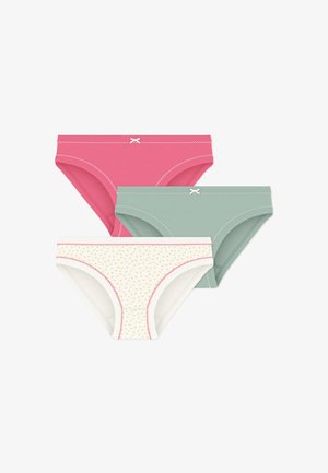 Drei Paar Baumwollmädchenunterhosen: pink, grün und weiß mit gelben Punkten. Jede verfügt über dekorative Nähte und eine kleine Schleife als Verzierung.