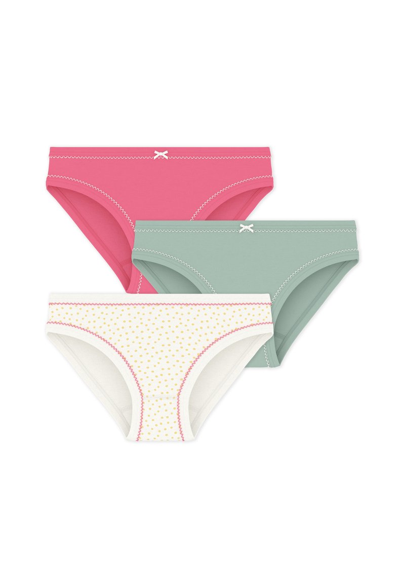 Τρία ζευγάρια βαμβακερά εσώρουχα για κορίτσια: ροζ, πράσινο και λευκό με κίτρινα πουά. Κάθε ένα έχει διακοσμητικό ράψιμο και μικρό φιόγκο ως διακοσμητικό στοιχείο.