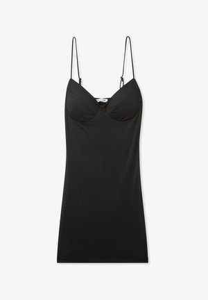Camisole nera con spalline sottili e regolabili, dotata di scollatura a cuore strutturata e tessuto morbido e elastico per una silhouette aderente.