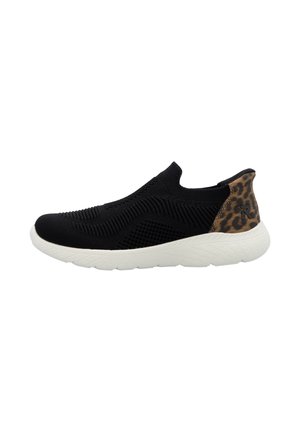 Black slip-on shoe with textured knit upper, white rubber outsole, and a leopard print accent at the heel. Lightweight and breathable design.