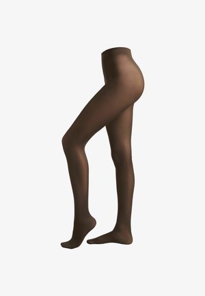 Collants bruns transparents avec une texture lisse, taille unie et design pieds, mettant en valeur une silhouette ajustée et une finition sans couture.