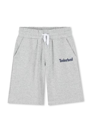 Shorts in cotone grigio con elastico in vita, cordino bianco e tasche laterali. Presenta il logo "Timberland" in blu navy sulla coscia sinistra.