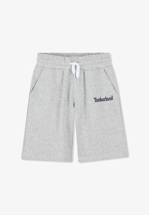 Shorts in cotone grigio con elastico in vita, cordino bianco e tasche laterali. Presenta il logo "Timberland" in blu navy sulla coscia sinistra.