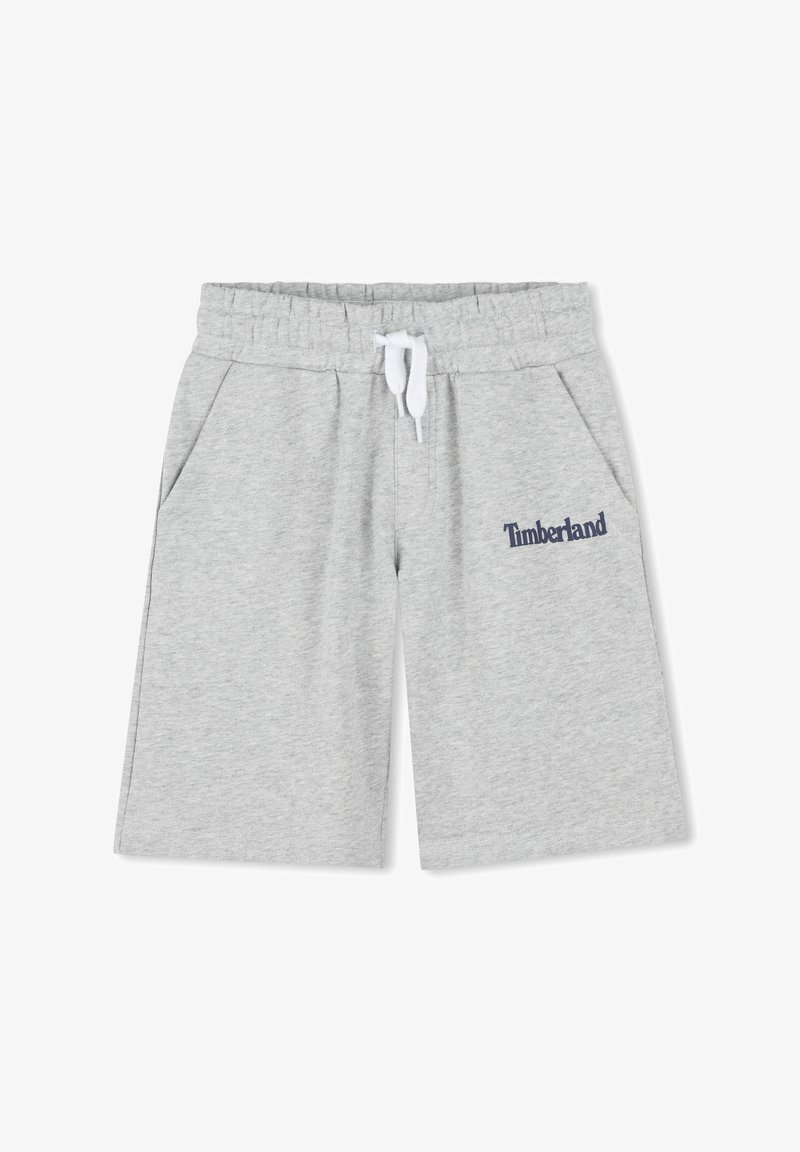 Shorts in cotone grigio con elastico in vita, cordino bianco e tasche laterali. Presenta il logo "Timberland" in blu navy sulla coscia sinistra.