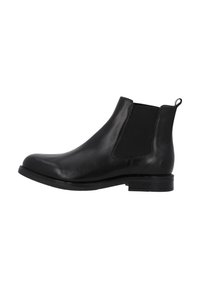 Schwarze Leder-Chelsea-Stiefel mit glatter Textur, runder Zehenform, elastischen Seiteneinsätzen und niedrigem gestapeltem Absatz.