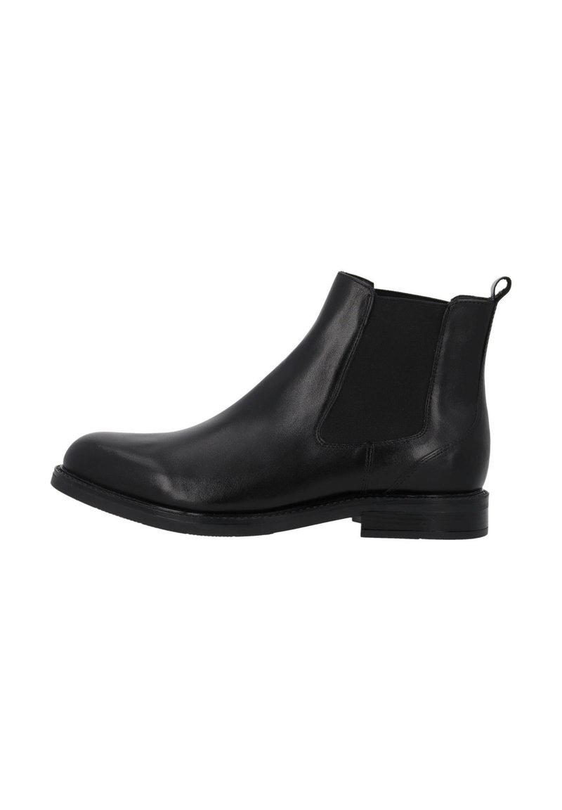 Schwarze Leder-Chelsea-Stiefel mit glatter Textur, runder Zehenform, elastischen Seiteneinsätzen und niedrigem gestapeltem Absatz.