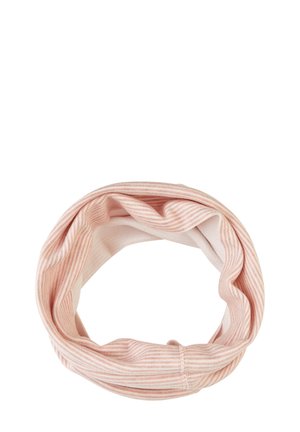 Light pink neck warmer made of soft fabric, featuring subtle white stripes. It has a smooth texture with a seamless, tubular design.