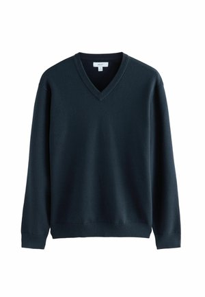 Tmavě modrý svetr s véčkovým výstřihem vyrobený z pleteného materiálu. Má dlouhé rukávy a žebrovaný výstřih a lem. Minimalistický design bez vzorů.