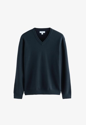Dark navy V-neck sweater made of knitted fabric. Features long sleeves and a ribbed neckline and hem. Minimalist design without patterns.