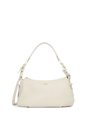 Sac à main en cuir couleur crème avec une anse supérieure incurvée, une bandoulière réglable, des ferrures dorées et un petit logo au centre avant.