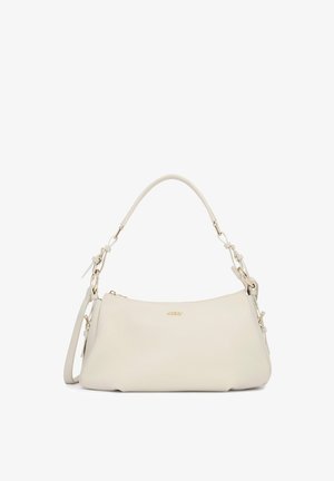 Krém színű bőrtáska ívelt felső fogóval, állítható vállpánttal, aranyszínű fém kiegészítőkkel és egy kis logóval az elülső középen.