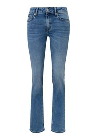 Modré džínové kalhoty s mírně rozšířenými nohavicemi, zapínání na knoflík, dvě přední kapsy a opraný vzhled, se švy v tónu látky po celém obvodu.